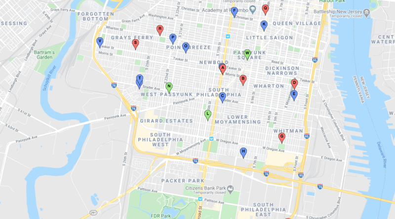 Map showing free food locations in South Philadelphia.