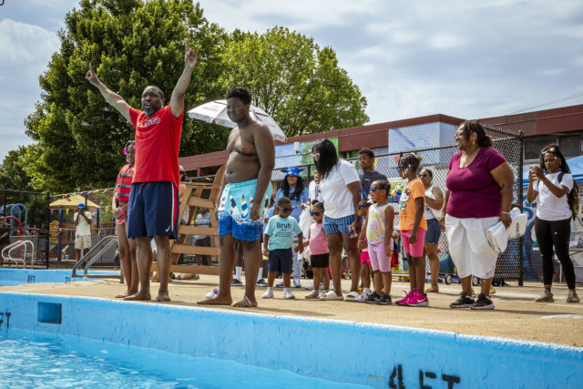 City Council President Kenyatta Johnson prepares to jump in the pool at Chew Recreation Center on June 17, 2024.